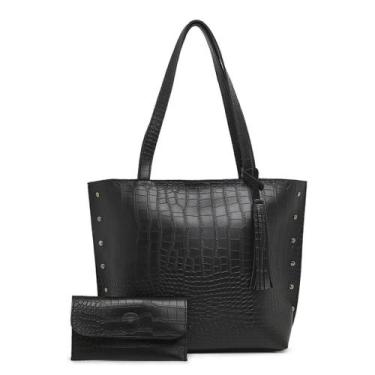 Imagem de Kit Bolsa Sacola Feminina Croco Ombro Fecho Ziper E Carteira - LISA
