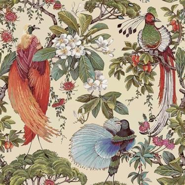 Imagem de Hellowall Papel de parede de 17,5 x 393 descasque e cole pássaros florais vintage azul verde creme bege colorido pássaro antigo flor papel de parede para banheiro cozinha autoadesivo papel de contato