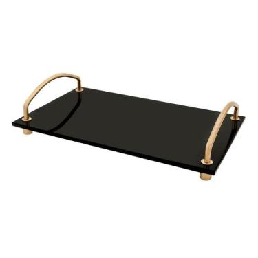 Imagem de Bandeja Decorativa Base De Vidro Preto Alças Dourada 25x15cm Aparador 