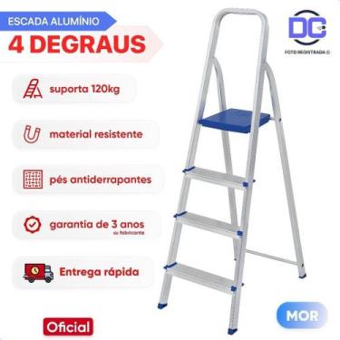 Imagem de Escada 4 Degraus Alumínio Mor Dobrável Resistente Doméstica Suporta 12