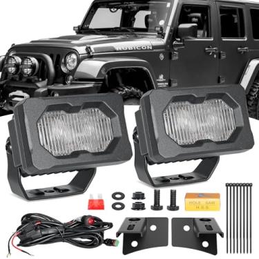 Imagem de HTZCMOTO Luzes de vala de LED de 4,5 polegadas para Wrangler JK JKU 2007-2017, com kits combo de cablagem de suportes de pilar A, 40W Spot Flood Offroad luzes LED barra pods luz branca, par