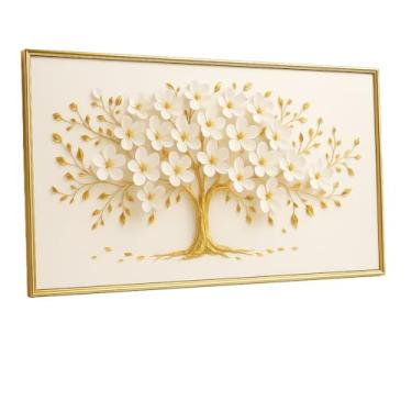 Imagem de Quadro Decorativo Pintura Árvore da Vida Pétalas Brancas Luxo para Parede Luxo, Ideal para Sala, Quarto, Escritório e Ambientes Modernos(90x70)