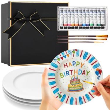 Imagem de Vesici O kit Paint Your Own Ceramic Plates inclui 4 pratos de porcelana, 3 pincéis de tinta e 12 tintas acrílicas e 1 caixa de presente preta e 1 paleta para presente de aniversário, Natal, presentes