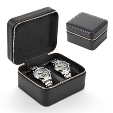 Imagem de Estojo de viagem para relógio com 2 compartimentos para homens e mulheres, caixa protetora compacta de couro PU com interior de microvelour, travesseiros removíveis e divisórias sólidas para