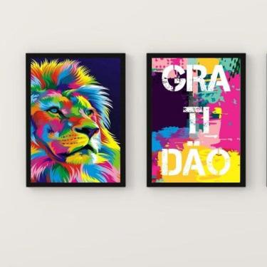 Imagem de Kit Quadros Leão Gratidão 24x18cm - Vidro e Moldura Branca