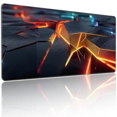 Imagem de Tapete de mouse grande para jogos, padrão geométrico abstrato laranja e azul, estendido 35,4 x 15,7 polegadas, base de borracha antiderrapante, bordas costuradas, tapete de mesa 2GG