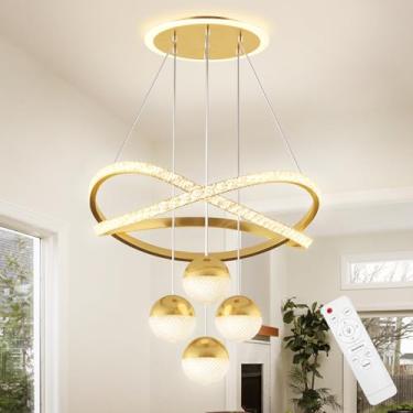 Imagem de WJShome Lustre moderno, luz pendente de LED regulável em 3 cores com controle remoto, lustres dourados para sala de jantar, altura ajustável cozinha ilha sala de estar quarto