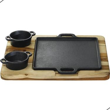 Imagem de Chapa Ferro 22x22 C Molheira E Suporte De Madeira Preto