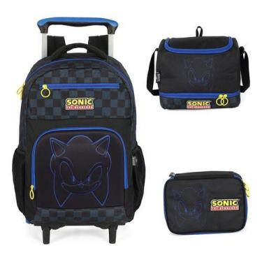 Imagem de Kit Mochila Carrinho Rodinhas Original Sonic Em Relevo, Preto