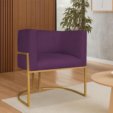 Imagem de Poltrona Dália Luxo Moderna Estofada Design Sofisticado Com Base De Ferro Dourado Suede Roxo