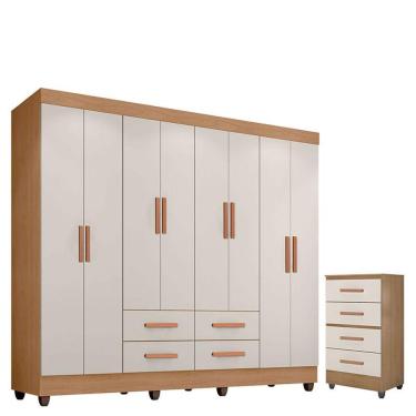 Imagem de Guarda Roupa Casal Porto Com Cômoda Lite 4 Gavetas Nature Off White - Móveis Leão