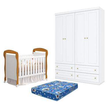 Imagem de Berço Americano Danny Branco Acetinado Savana Reller e Guarda Roupa Infantil 4 Portas Americano Branco HP e Colchão Ortobom - Henn.