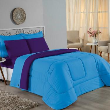 Imagem de Kit Edredom Dupla Face + Jogo De Lençol Casal Nobre 6 Peças Malha 100% Algodão - Turquesa / Roxo