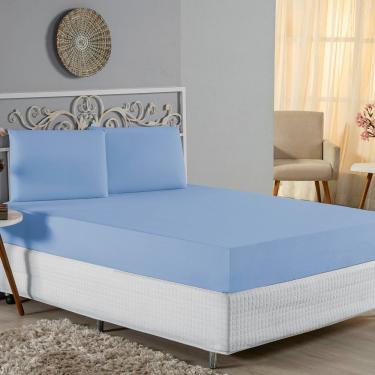 Imagem de Jogo De Cama Casal Nobre 3 Peças Lençol Com Elástico De 30cm De Altura Malha 100% Algodão - Azul-bebê