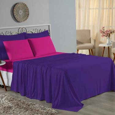 Imagem de Jogo De Cama Casal Nobre 4 Peças Lençol Com Elástico De 30cm De Altura Malha 100% Algodão - Roxo / Pink