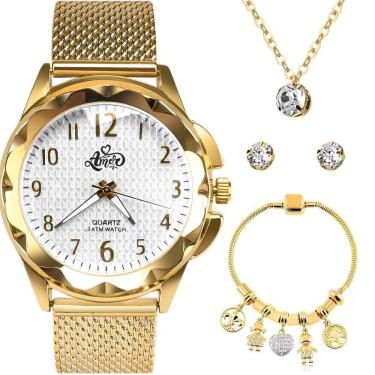 Imagem de Relógio Feminino Relogio Banhado Dourado + Colar Brincos Aço Inox + Pulseira Silicone autêntico