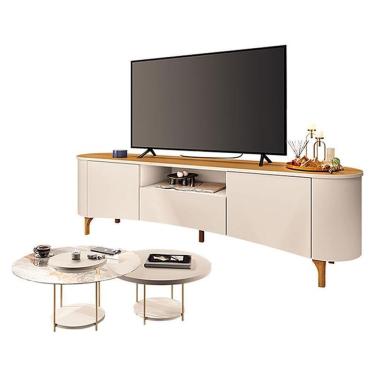 Imagem de Rack Bancada Elara Off White Cinamomo Com Kit Mesa De Centro Sky Off White - Hb Móveis