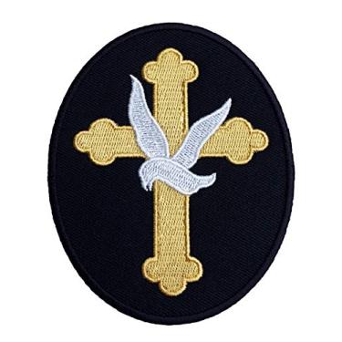 Imagem de Aplique de símbolo da paz com pomba branca bordada de 9,5 cm com ferro/costura em ouro cristão