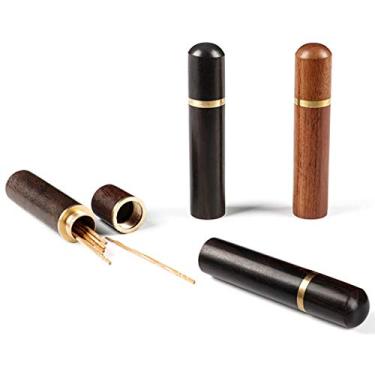 Imagem de Goeielewe Suporte de palito de madeira portátil de 4 peças, estojo de agulha de balde de dente de bolso, porta-palito de madeira mini caixa de armazenamento (cor aleatória)