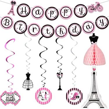 Imagem de Conjunto de decorações de festa de Paris, banner de festa de aniversário de Paris Happy Birthday Decoração de pente de mel centro Torre Eiffel recorte Paris espiral pendurado decoração para chá de bebê aniversário Paris tema materiais de festa