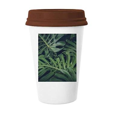 Imagem de Caneca de vidro de cerâmica com imagem de planta de folhas verdes para noite e natureza