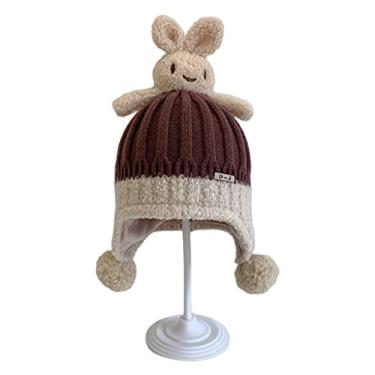Imagem de RTUGOVT Gorro de tricô – Gorro de tricô trançado com orelhas de coelho Kawaii gorro de lã quente tendência bonita moda personalidade outono inverno
