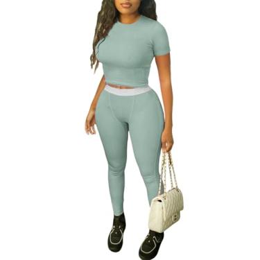 Imagem de YETOWA Conjunto de 2 peças para treino casual feminino, conjunto de shorts para ioga, manga curta, leggings elásticas de cintura alta, Sálvia, Medium