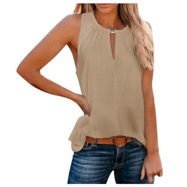 Imagem de Lainuyoah Blusa casual feminina plus size moderna verão 2024 camiseta solta estampada vintage sem mangas pulôver sólido, B - cáqui, P