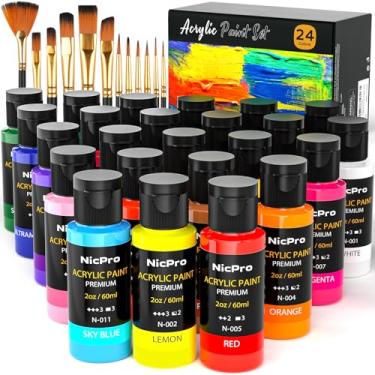 Imagem de Nicpro Conjunto de tinta acrílica, 24 cores com 12 pincéis e paleta, kit de materiais de arte não tóxicos para pintura de tecido, tela, argila, madeira, rocha e cerâmica, abóbora de Halloween