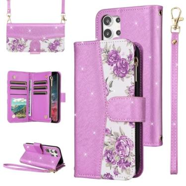 Imagem de Furiet Capa carteira floral para Samsung Galaxy S24 Ultra 5G com fecho de correr e alça de ombro, suporte para cartão de couro PU com glitter, capa para celular S24Ultra 24S S 24 24Ultra roxa