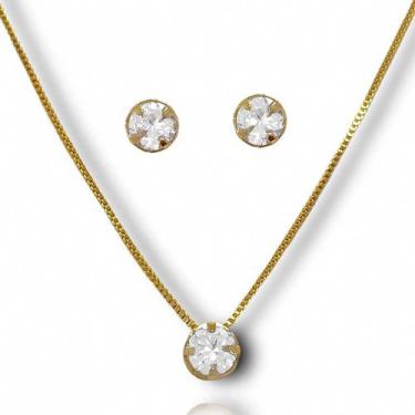 Imagem de Conjunto Brinco e Colar Zirconia Redonda Banhado a Ouro 18k Semijoia -