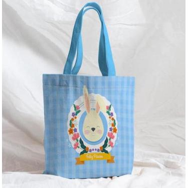 Imagem de Bolsa Sacola Artesanal de Tecido Xadrez Azul Coelho Páscoa - Fabrika d