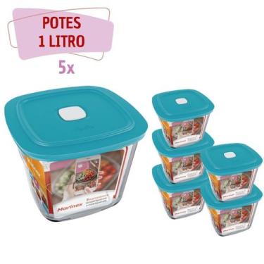 Imagem de kit 5 Pote Vidro Quadrado Alto Facilita Com Tampa 1L Marinex - NADIR F