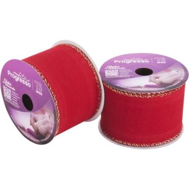 Imagem de Fita ARAMADA Natal Veludo Vermelho com Ouro 63MM X 10M - Fitas Progres