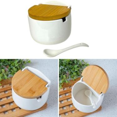 Imagem de Saleiro Porcelana Premium Mesa Tampa Bambu C/Colher 300ml - Hauskraft