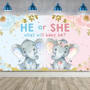 Imagem de Pano de fundo para chá de bebê, 2,1 x 1,5 m, rosa, azul, elefante, flor, aquarela, revelação de gênero, suprimentos de festa infantil, faixa de parede, decoração de mesa de bolo, decoração de mesa de