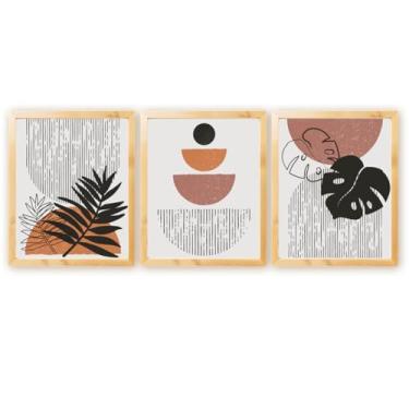 Imagem de Kit 3 Quadros Decorativos Folhagem Abstrato Geométrico Galhos Plantas Boho c/Moldura Natural 30x40cm (Kit 05)