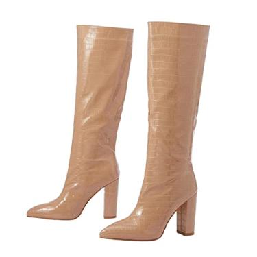 Imagem de Botas pretas de qualidade até o joelho botas femininas com zíper salto alto quadrado pontiagudo(Apricot no zipper,37EU)