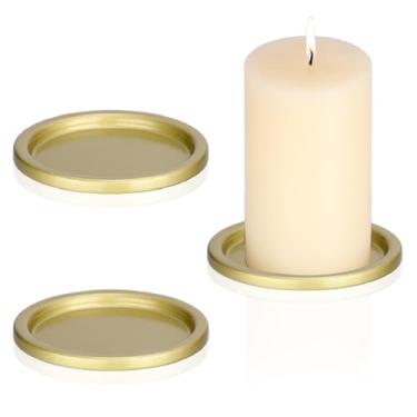 Imagem de OwnMy 3 peças de castiçais de ferro para velas de pilar, placas e bandejas de vela de pilar de metal de 7,6 cm, pequenos suportes redondos para velas elegantes, bases para centros de mesa de jantar de