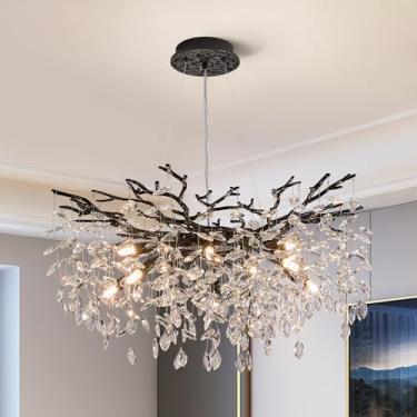 Imagem de witkey Lustre De Cristal Moderno Com Galho De Árvore, Luxuoso, Pendente De Cristal Preto, 30" (76 Cm), Contemporâneo, 10 Lâmpadas, Para Sala De Jantar, Cozinha, Quarto, Sala De Estar