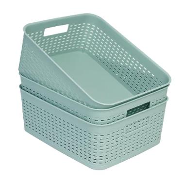 Imagem de Soddeph Cestos De Plástico Para Armários, Organização Despensa Doméstica Com Alça, Organizadores Quarto, Banheiros, Embaixo Da Pia, Cozinha (Verde, Pacote 3 Unidades)