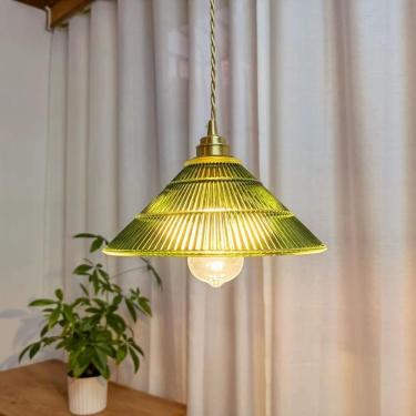 Imagem de Moderno verde listrado pingente de vidro luz grande cúpula pingente iluminação cone de luminária de teto de vidro nervoso Lâmpada vintage para a ilha de cozinha Bedroom Sala de jantar Barra