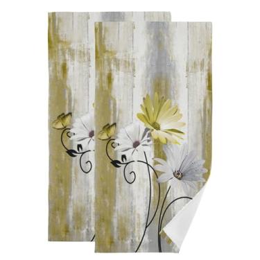 Imagem de AIYOOLER Toalhas de mão de margarida branca amarela para banheiro, conjunto de 2 toalhas de banho pequenas de flores rústicas absorventes macias em madeira do campo toalhas de banho decorativas de