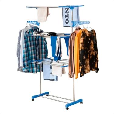 Imagem de Varal de Chão Grande 3 Andares Regulável Dobrável Retrátil Organizador De Roupas Ajustável Com Ganchos Ambientes Internos E Externos Com Rodas Giratórias