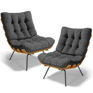 Imagem de Kit 2 Poltronas Decorativas Sala de Estar Costela L02 Linho Cinza Escu