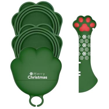 Imagem de DORUI Conjunto de animais de estimação de Natal - 3 tampas de lata de comida de gato e 1 abridor sem BPA | Capas de lata em formato de pata fofa e colher de espátula para comida úmida | Colher e capas