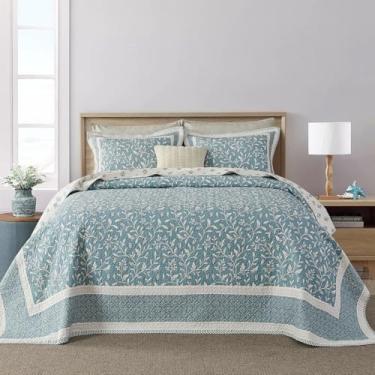 Imagem de CozyStitch Colcha de cama king extragrande leve 304,8 cm x 304,8 cm, 100% algodão, reversível, acolchoada com 2 fronhas, conjunto de colcha de cama floral de fazenda, azul-petróleo, 3 peças
