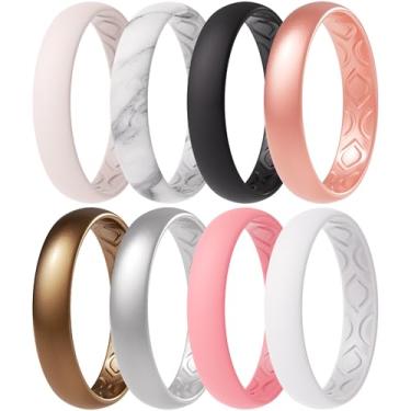 Imagem de Alianças de casamento de silicone ThunderFit para mulheres, ranhuras respiráveis, 4 mm de largura – 1,5 mm de espessura (bronze feminino, branco, ouro rosa, prata, rosa claro, mármore, preto, vermelho fraco, tamanho 17,3 mm))