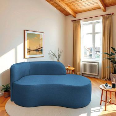 Imagem de Recamier Curvo Orgânico 160cm 2 Lugares Lado Direito para Sala ou Quarto Linho Japão Azul royal