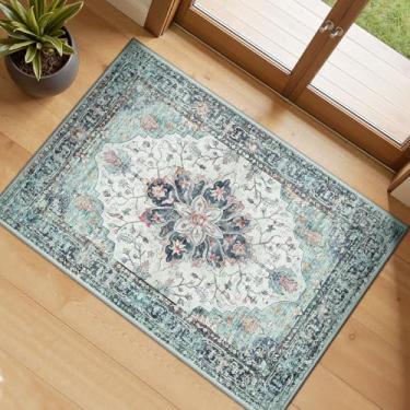 Imagem de RELEANY Tapetes de área laváveis 6,5 x 7,8 cm, antiderrapante, floral, vintage, estampa de angústia, tapete medalhão para sala de estar, quarto, sala de jantar, verde, azul marinho, branco, vermelho